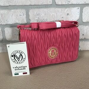 Valentino Orlandi Pink Quilted Vegan Leather Purse Crossbody Gold Logo Italy NEW